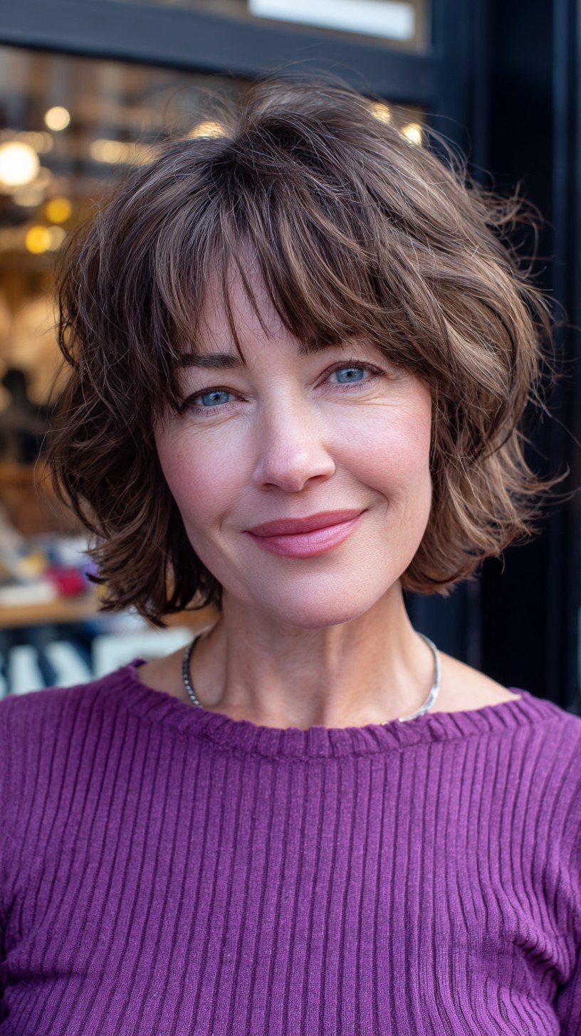 Short Chestnut Shag with Wispy Micro-Bangs and Root Depth