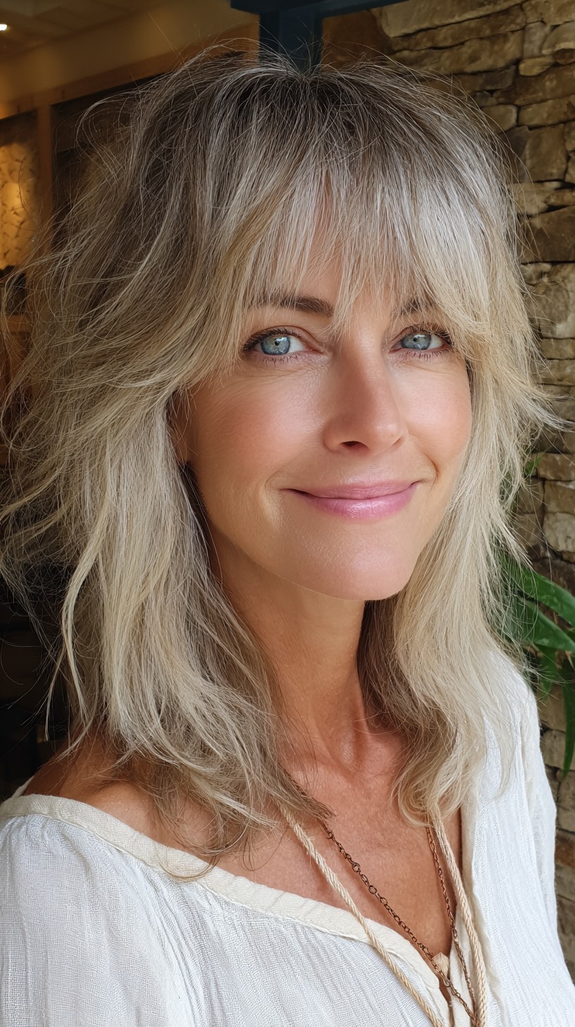 Silver-Blend Shoulder-Length Shag with Feathered Brow Fringe