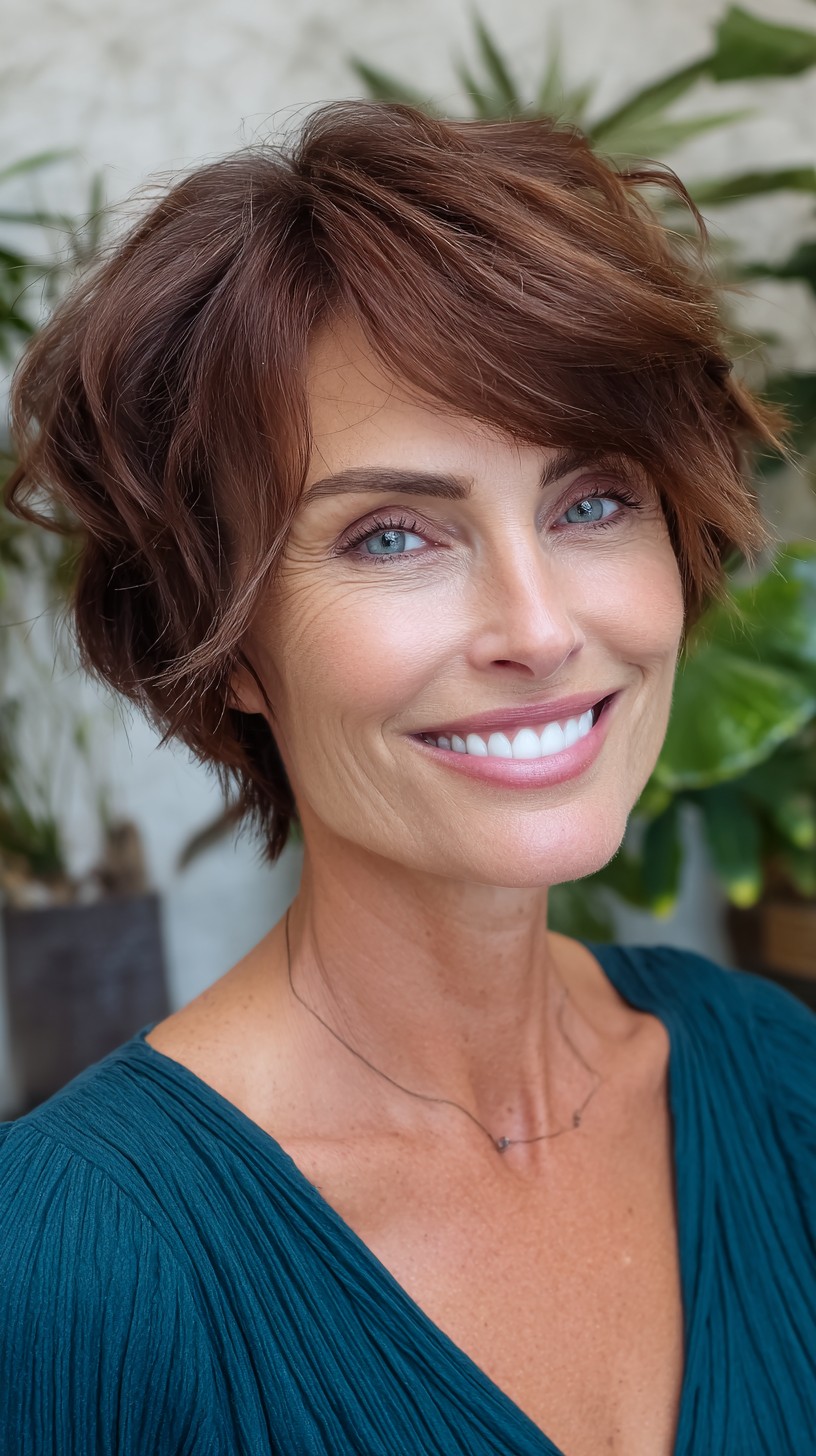 Textured Auburn Pixie with Diagonal Part and Feathered Crown