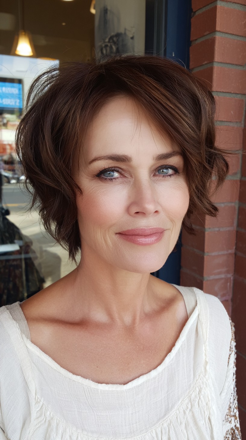 Warm Chestnut Short Shag with Crown Lift and Subtle Face-Framing