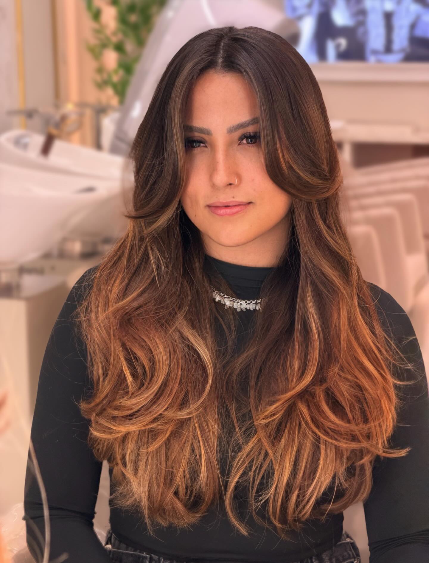 Brunette-to-Bronde Layered Cut with Soft Curtain Sweep