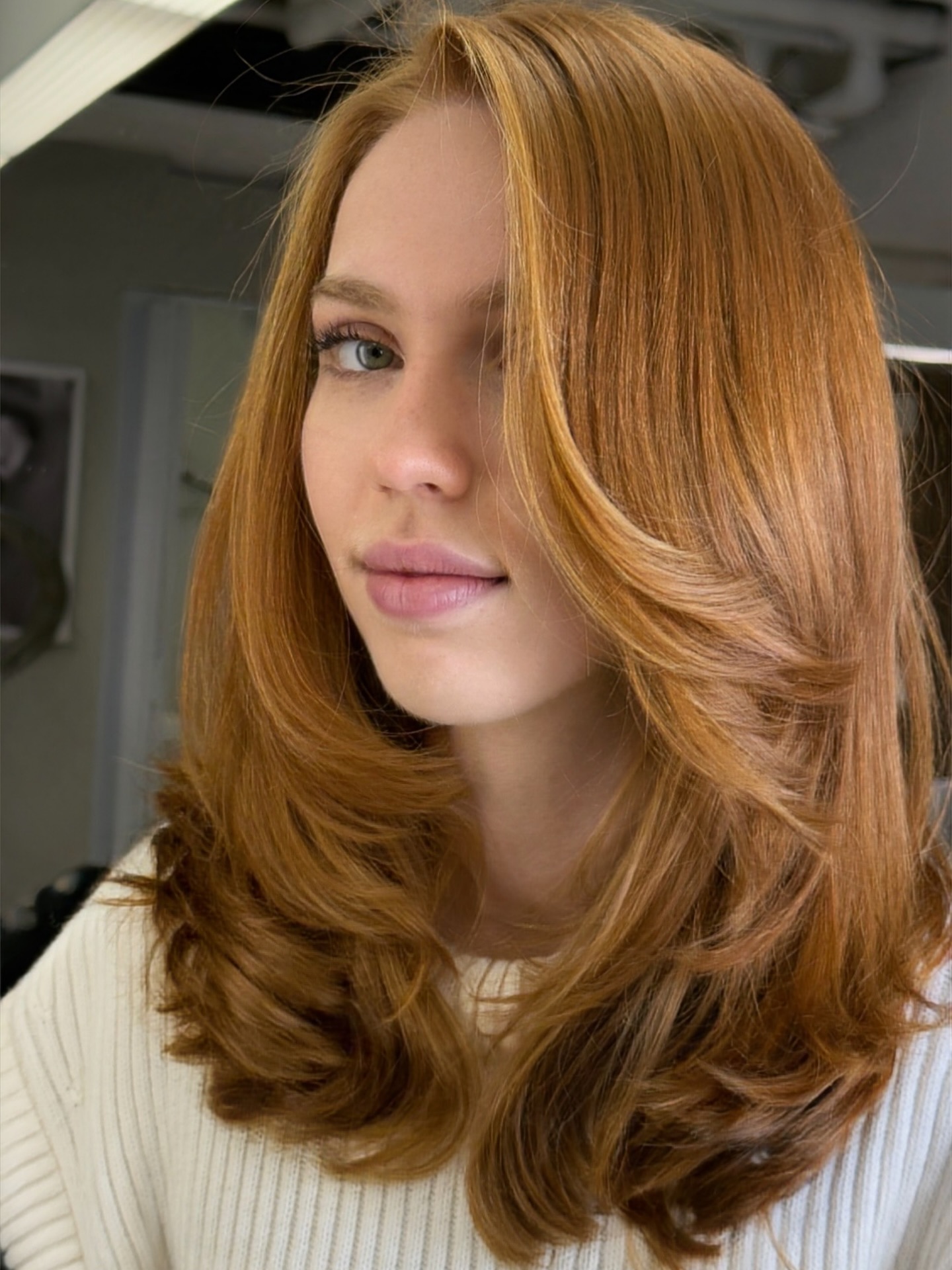 Warm Copper Mid-Length Side-Swept Layers with Rounded Blowout