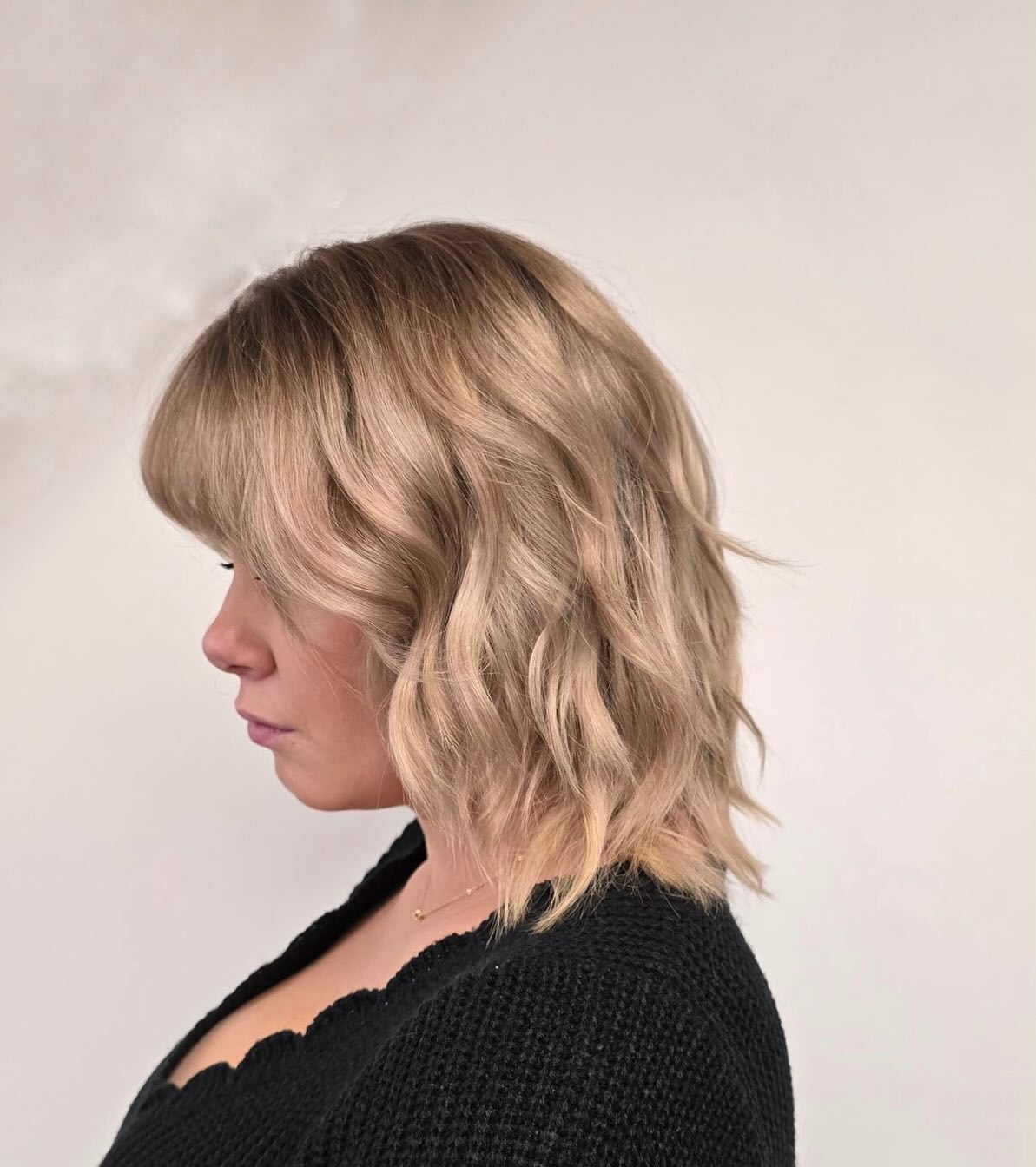 Beige Blonde Wavy Lob with Blunt Rounded Fringe and Root Shadow