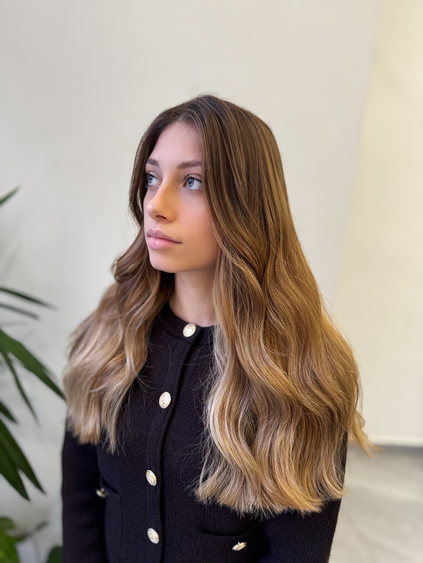 Chest-Length Warm Bronde Waves with Soft Face-Framing Layers