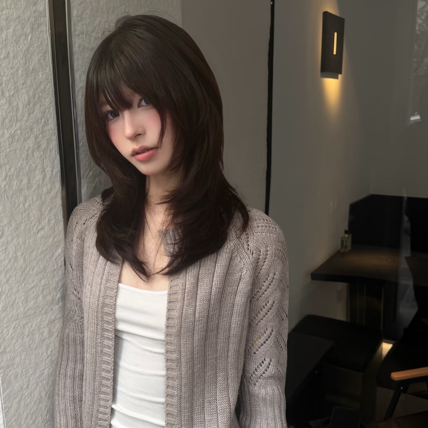 Chestnut Medium-Length Shag with Blunted Wispy Fringe