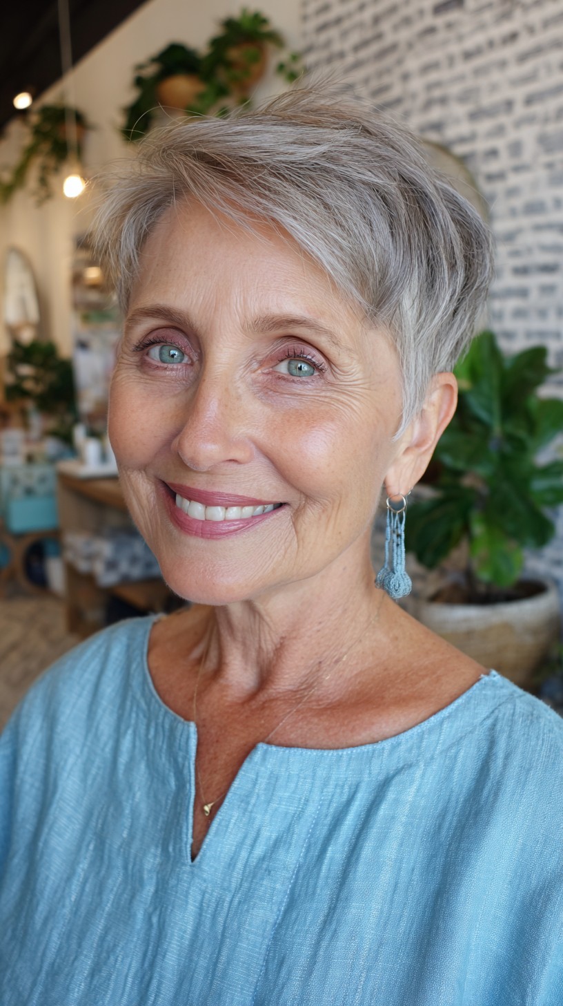 Cropped Silver Brush-Back Pixie with Long Side Fringe