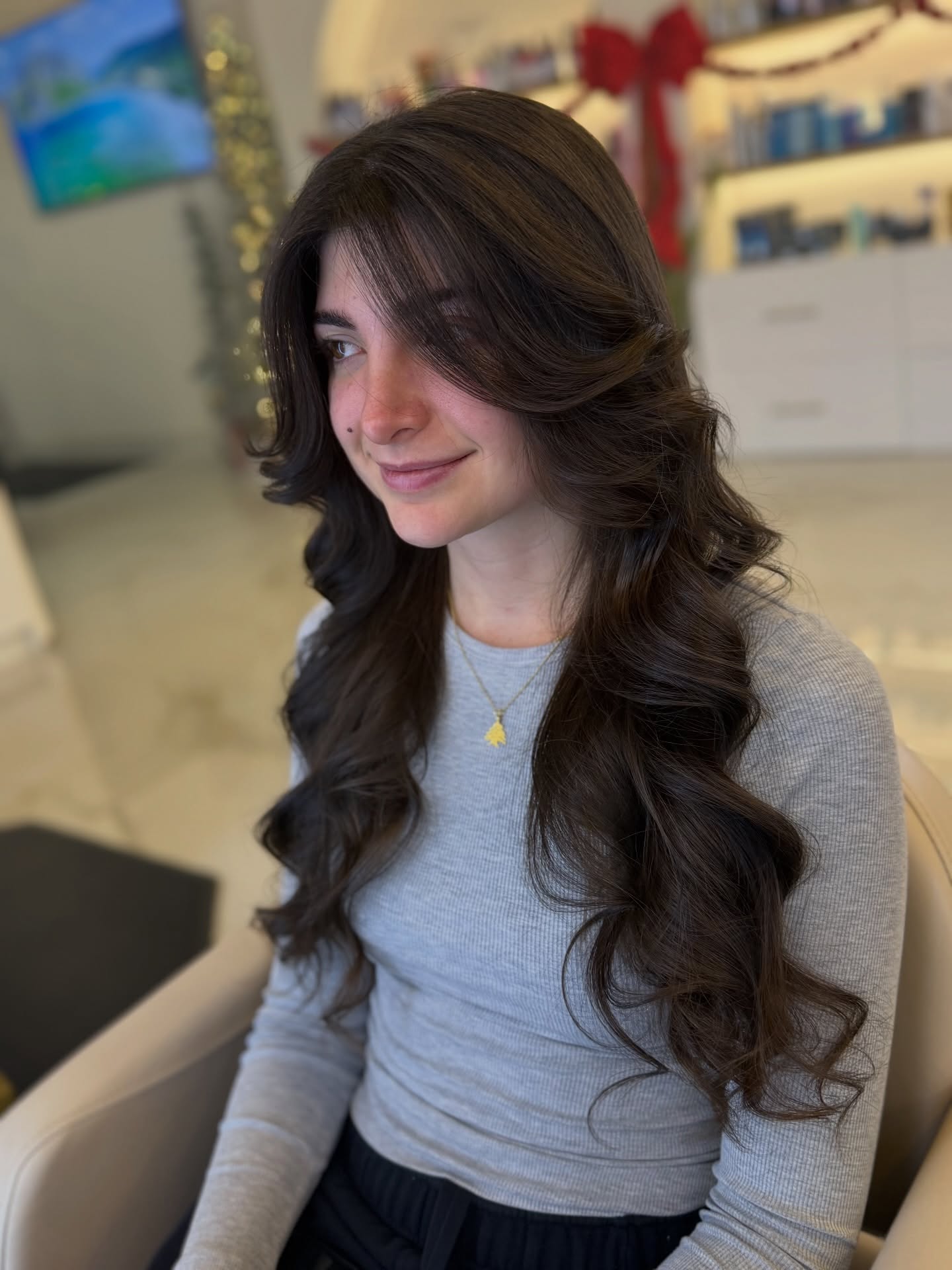 Dark Chocolate Long S-Wave Cut with Curtain Face-Framing Layers