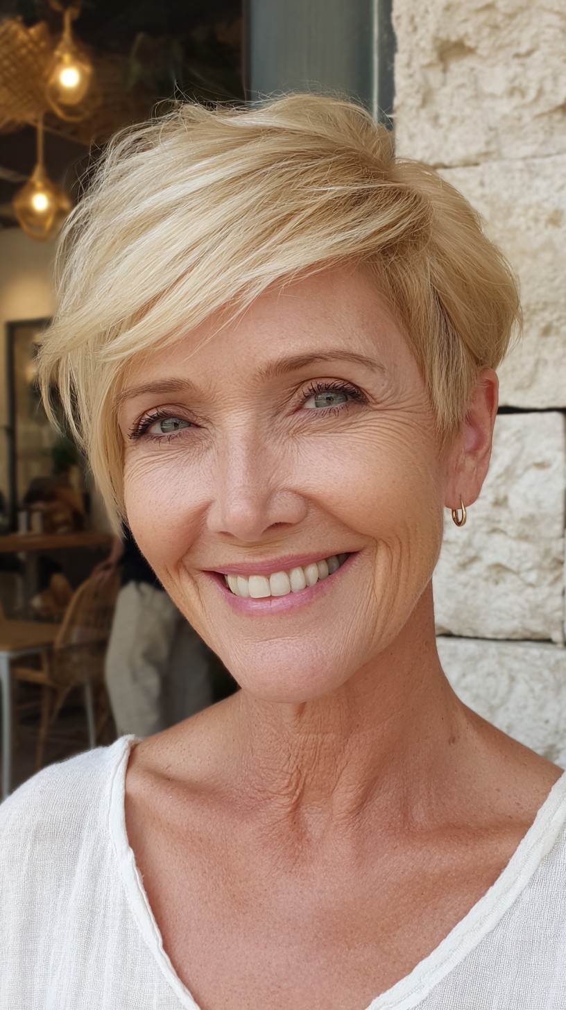 Feathered Blonde Short Pixie with Long Side-Swept Fringe