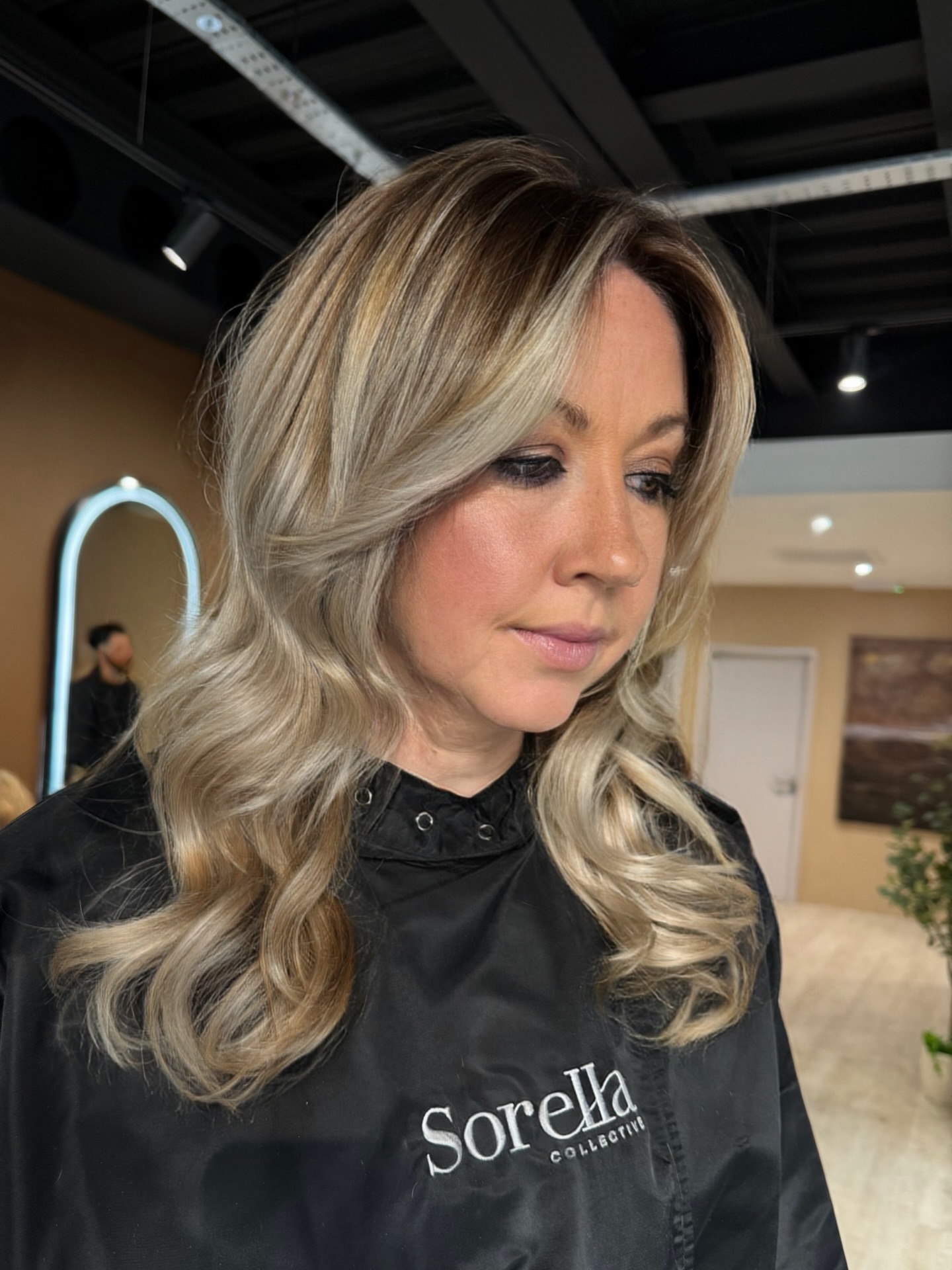 Feathered Bronde Waves with Root Depth and Ribbon Highlights