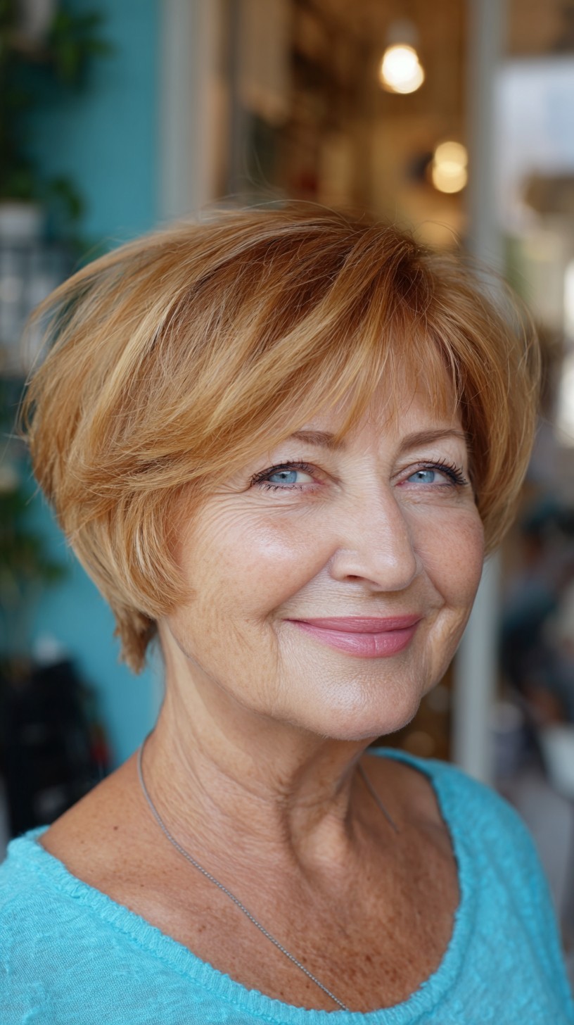Feathered Copper Stacked Bob with Side-Swept Fringe