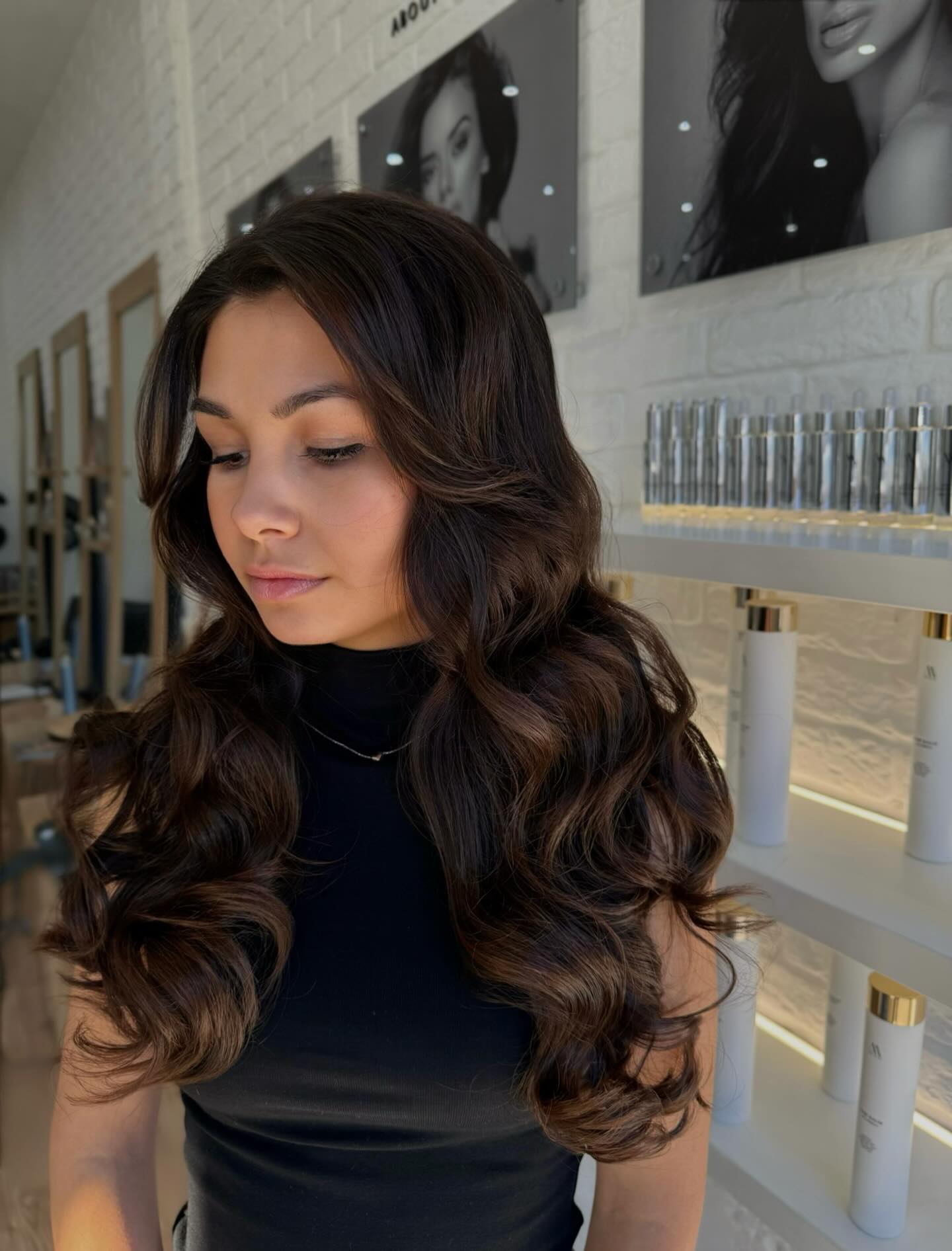 Glossy Dark Bronde Long Waves with S-Shaped Face-Framing Layers