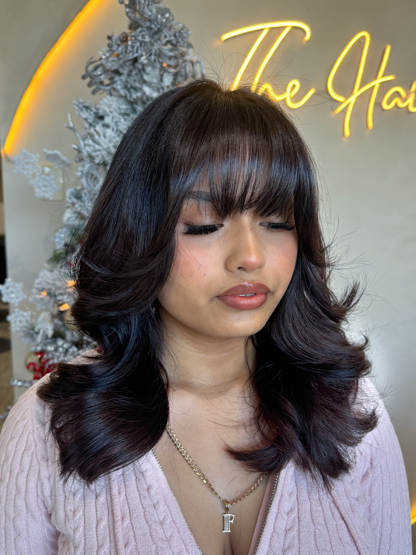 Glossy Dark Chocolate Mid-Length with See-Through Blunt Fringe and Rounded Feathered Ends