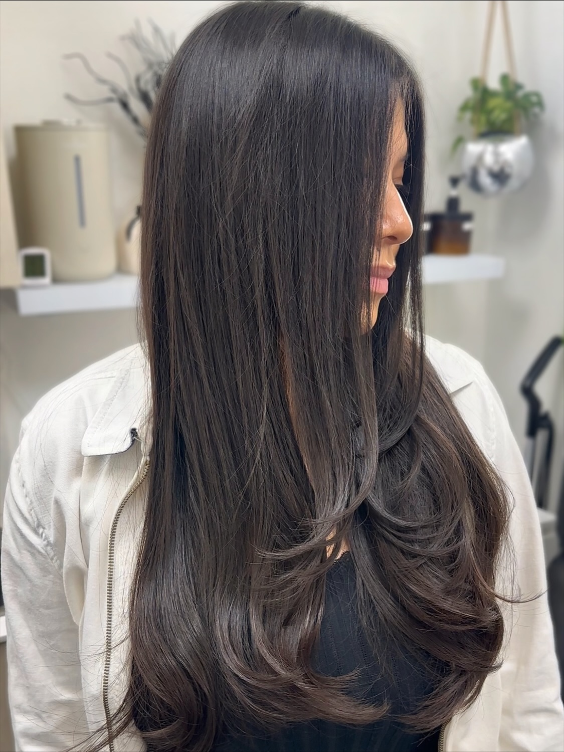 Glossy Long Layered Cut with Subtle Face Framing