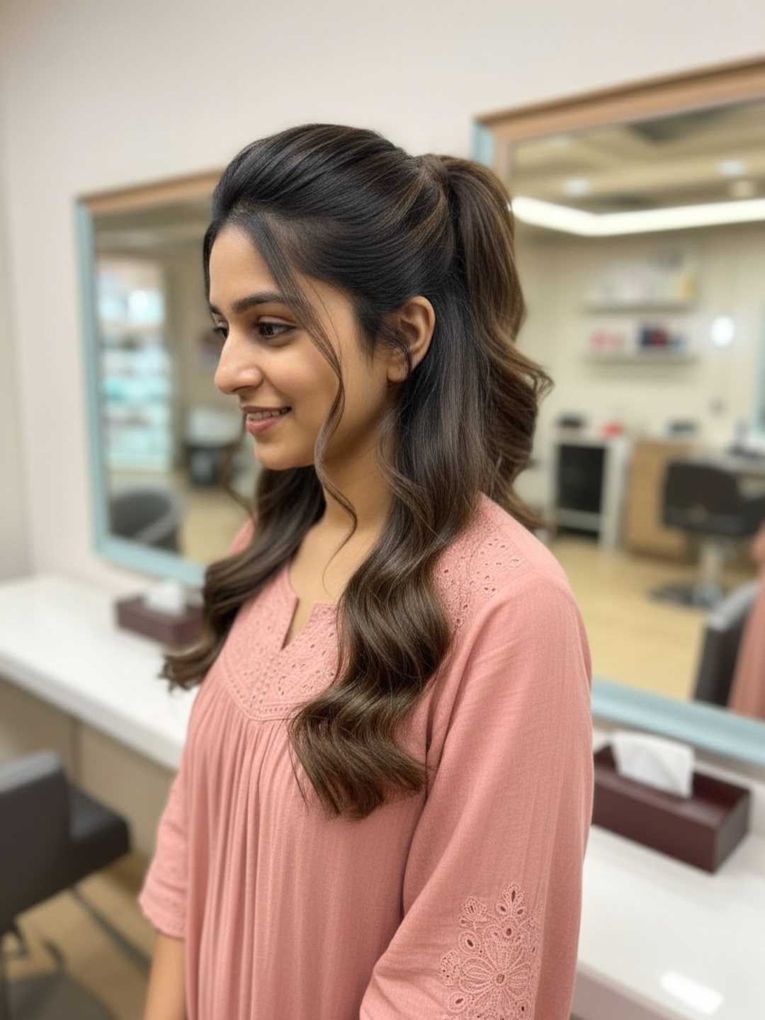 Half-Up Soft S-Wave Pony with Face-Framing Tendrils