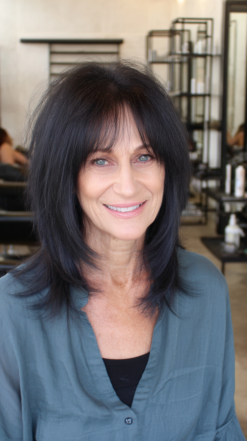 Layered Black Long Bob with Feathered Bangs