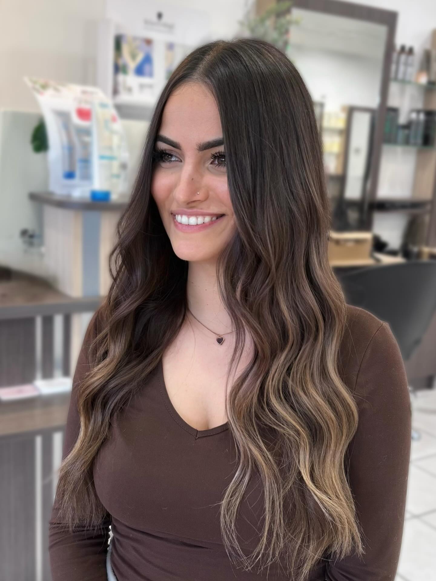 Long Dark Bronde Waves with Collarbone Face-Framing Band