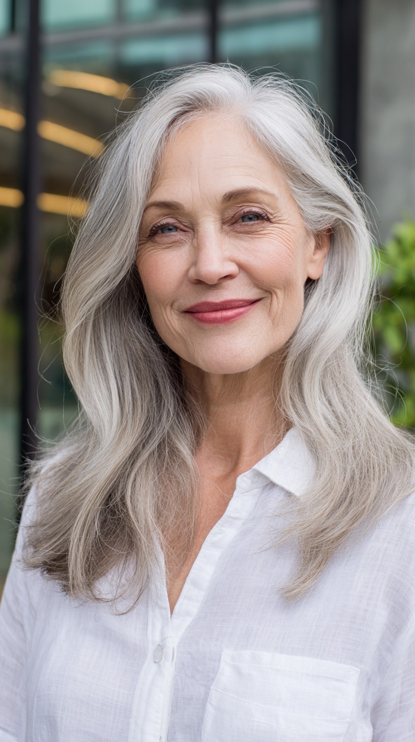 Long Feathered Silver Layers with Deep Side Part