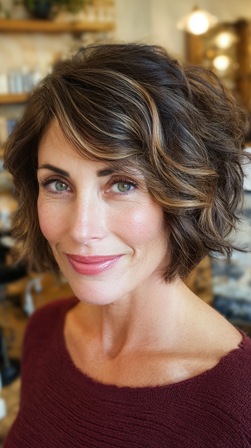 Modern Curly Choppy Bob with Warm Highlights