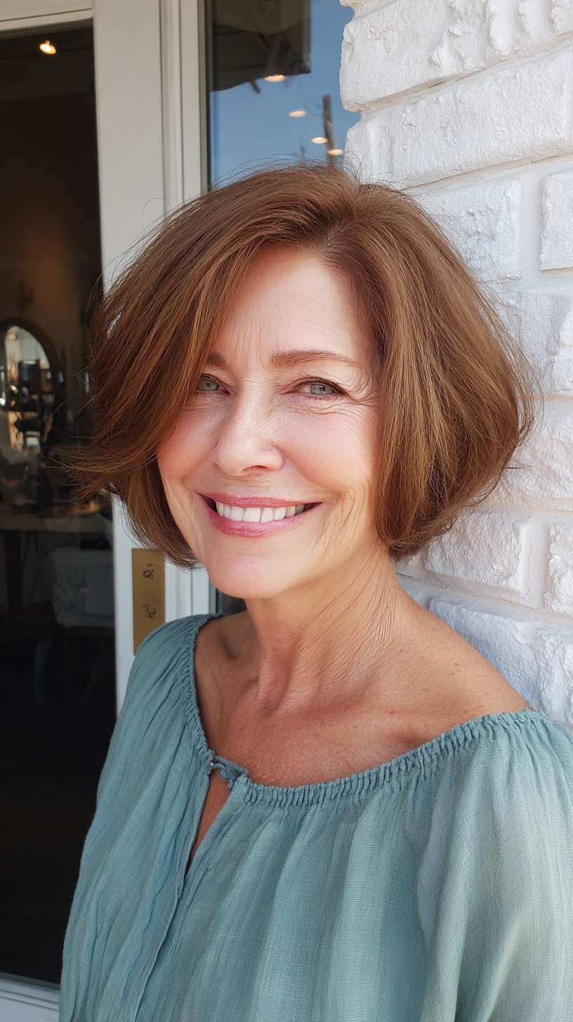 Rounded Layered Chin-Length Bob with Soft Side Sweep