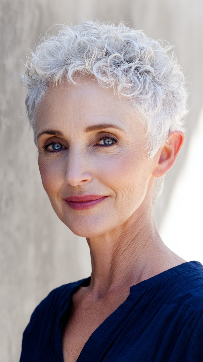 Short Curly Silver Pixie with Tapered Sides and Crown Lift