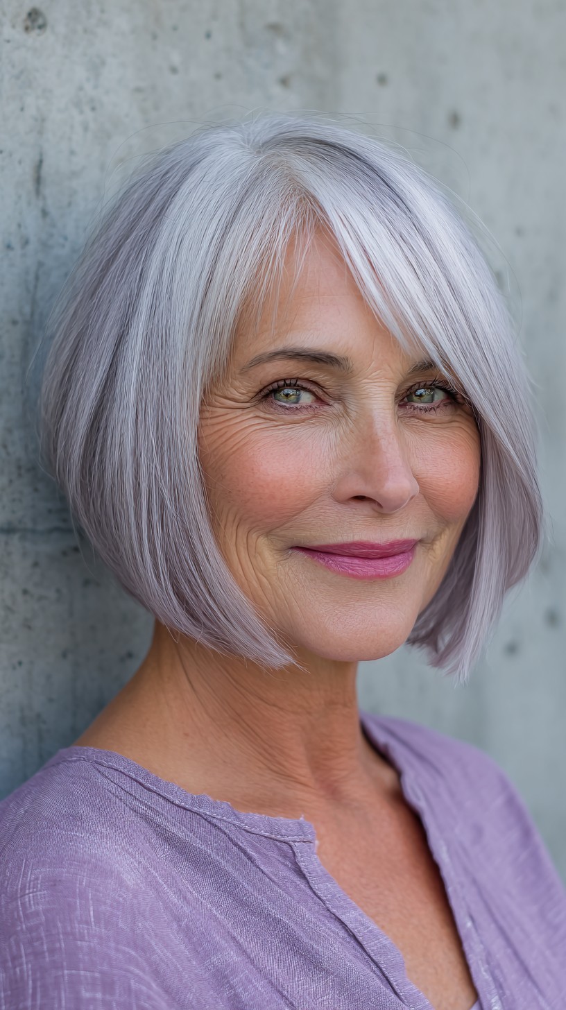 Silver Angled Blunt Bob with Side-Swept Fringe