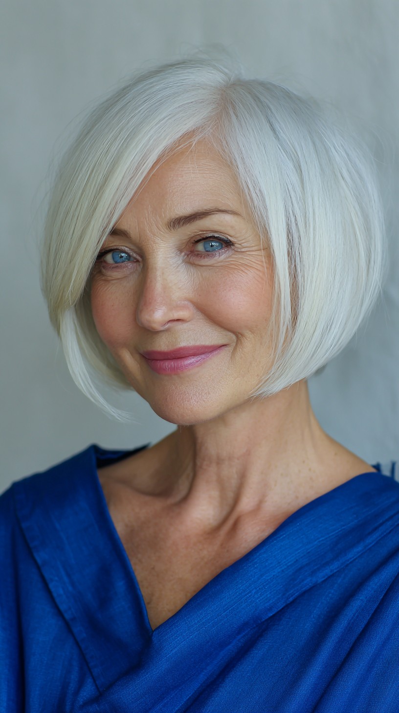 Soft A-Line Platinum Bob with Diagonal Side Sweep