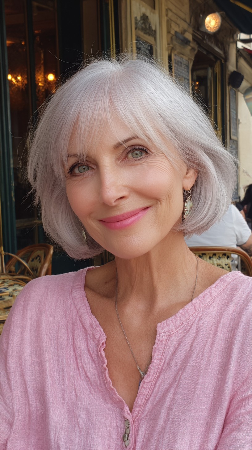 Soft Pearl Silver Chin-Length Rounded Bob with Wispy Micro-Bangs