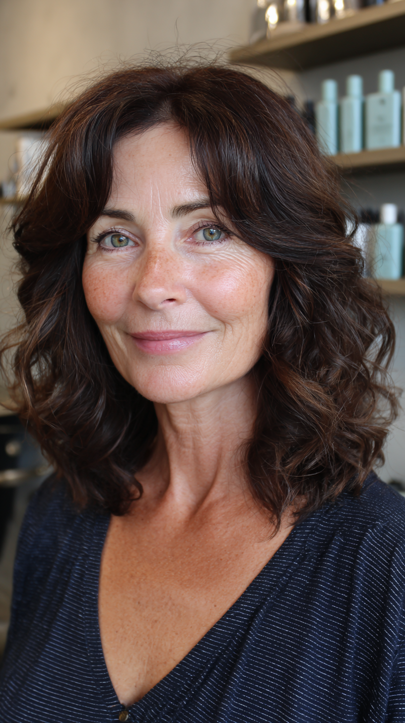 Soft Wavy Layered Lob with Rich Chocolate Tones