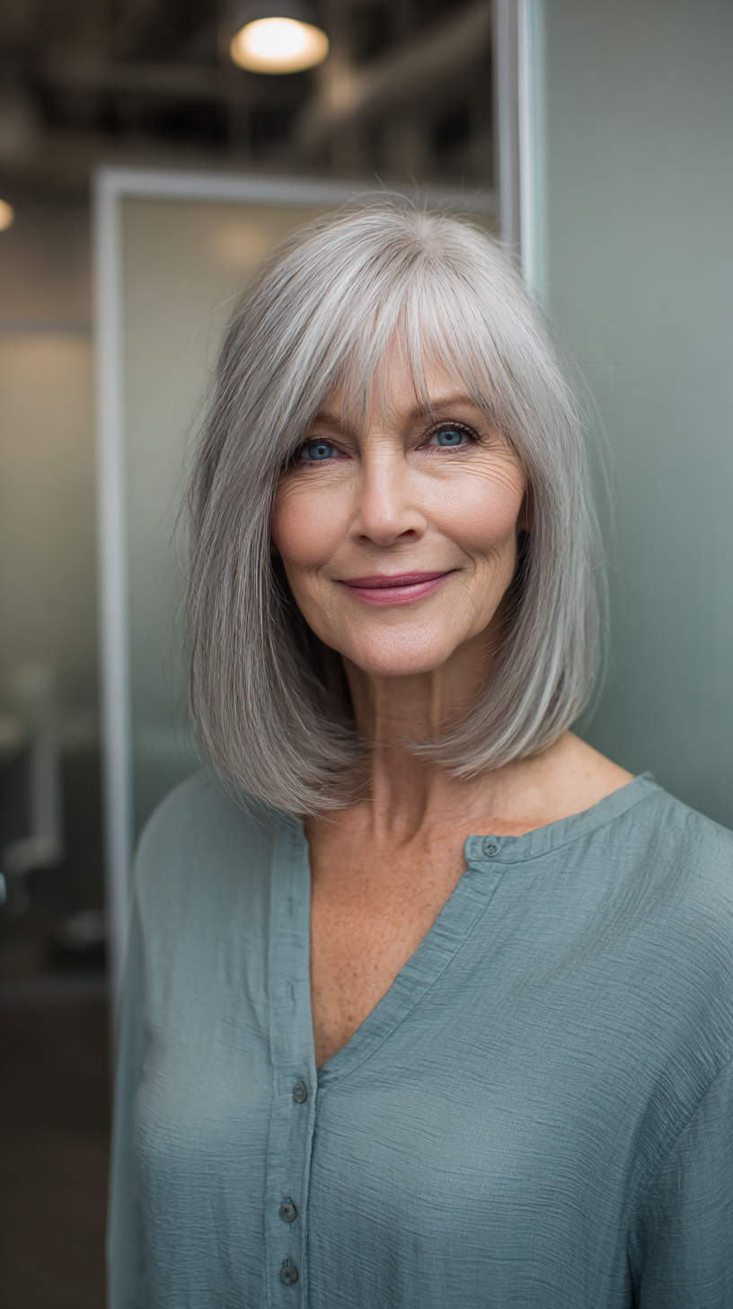 Softly Layered Silver Lob with Subtle Face Framing