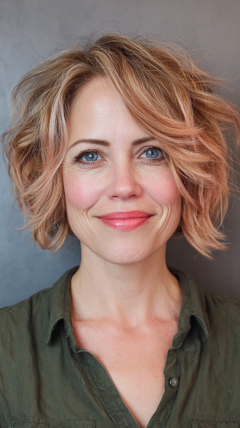 Textured Choppy Bob with Soft Rose Highlights