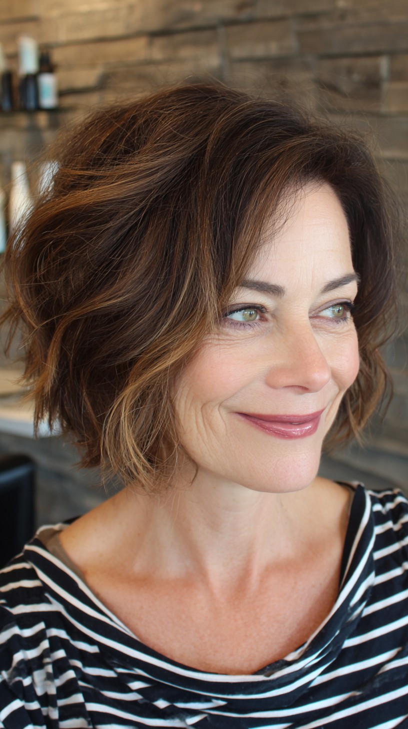 Textured Choppy Bob with Warm Caramel Highlights