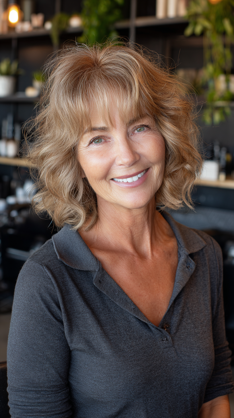 Textured Curly Lob with Subtle Bangs