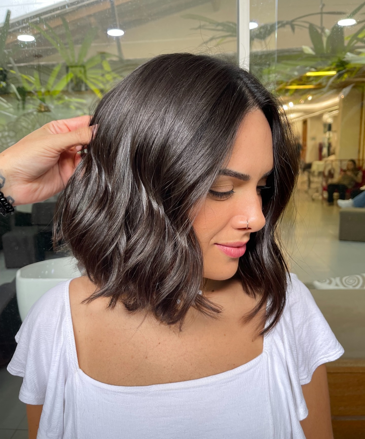 Textured Dark Brunette Choppy Long Bob with Subtle Stacking