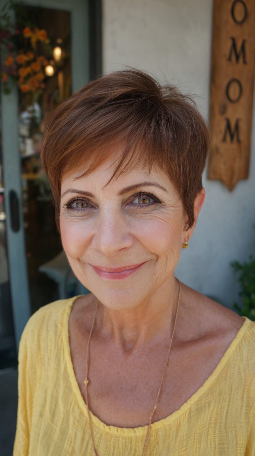 Textured Warm Chestnut Pixie with Micro Fringe