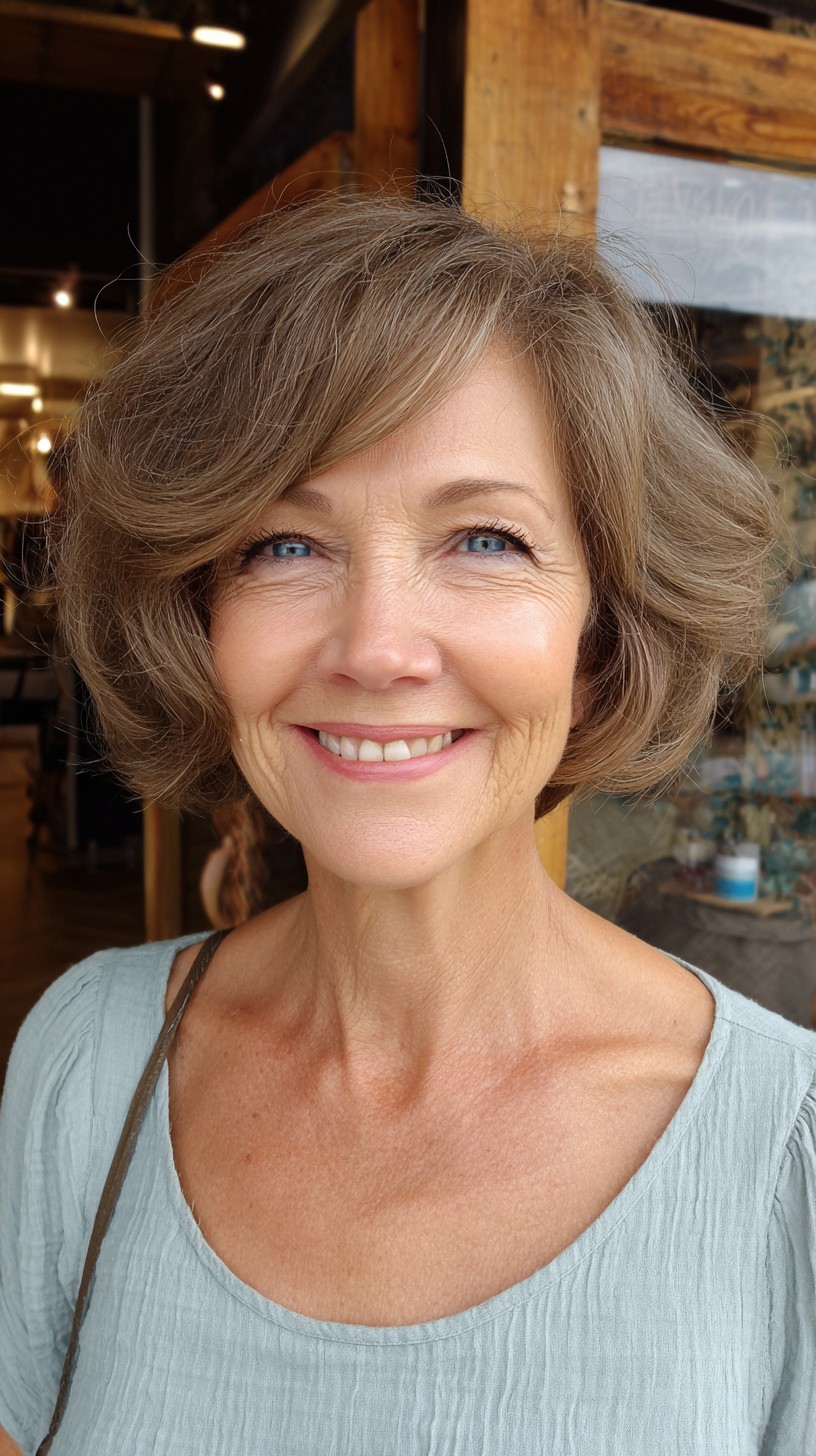 Voluminous Brushed-Out Chin-Length Bob with Swept Fringe