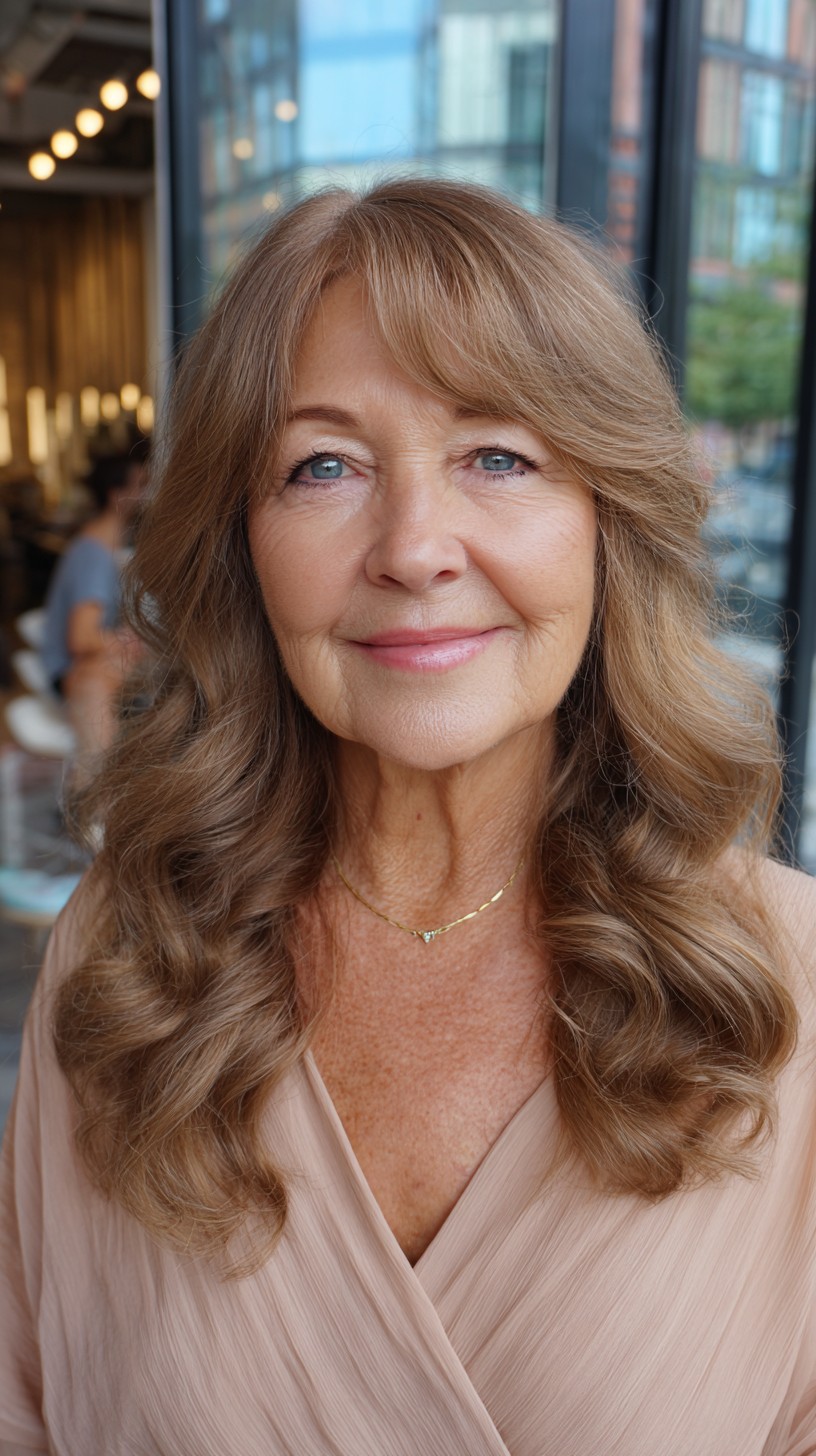 Warm Caramel Long Layers with Face-Framing Curtain Bangs