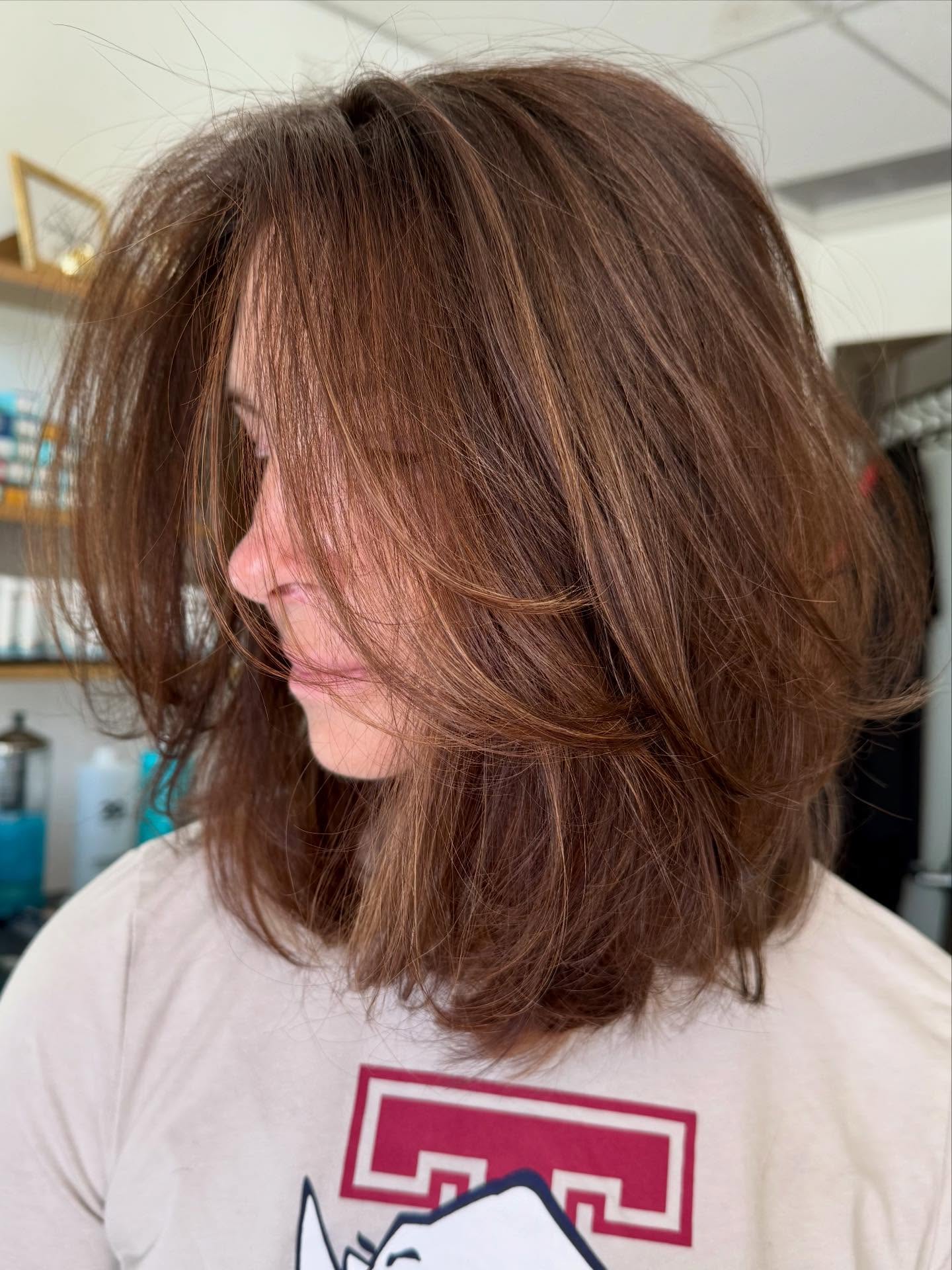 Warm Chestnut Layered Lob with Feathered Face-Framing