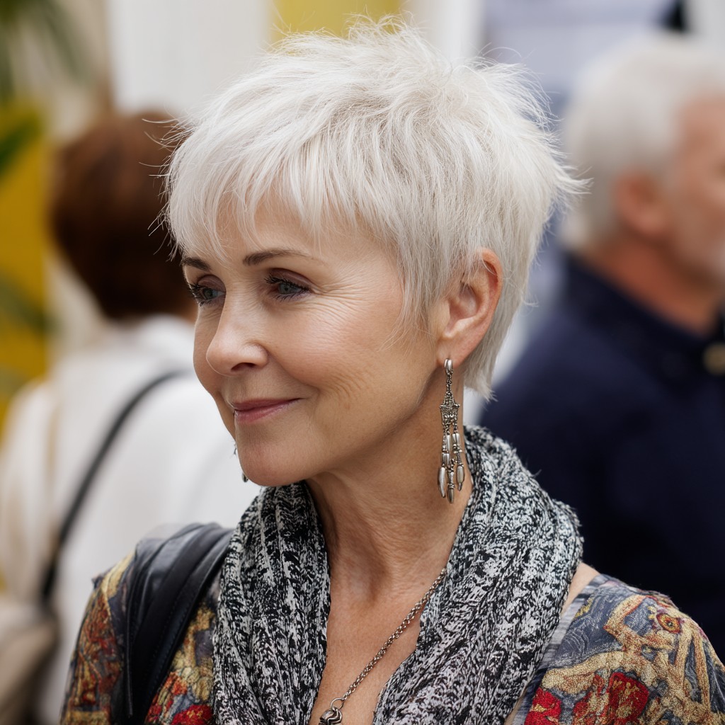 Chic Textured Silver Pixie with Soft Layers
