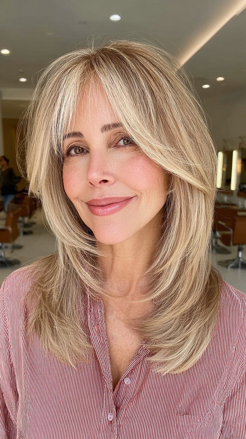 Layered Mid-Length Cut with Long Feathered Curtain Bangs and Root Shading