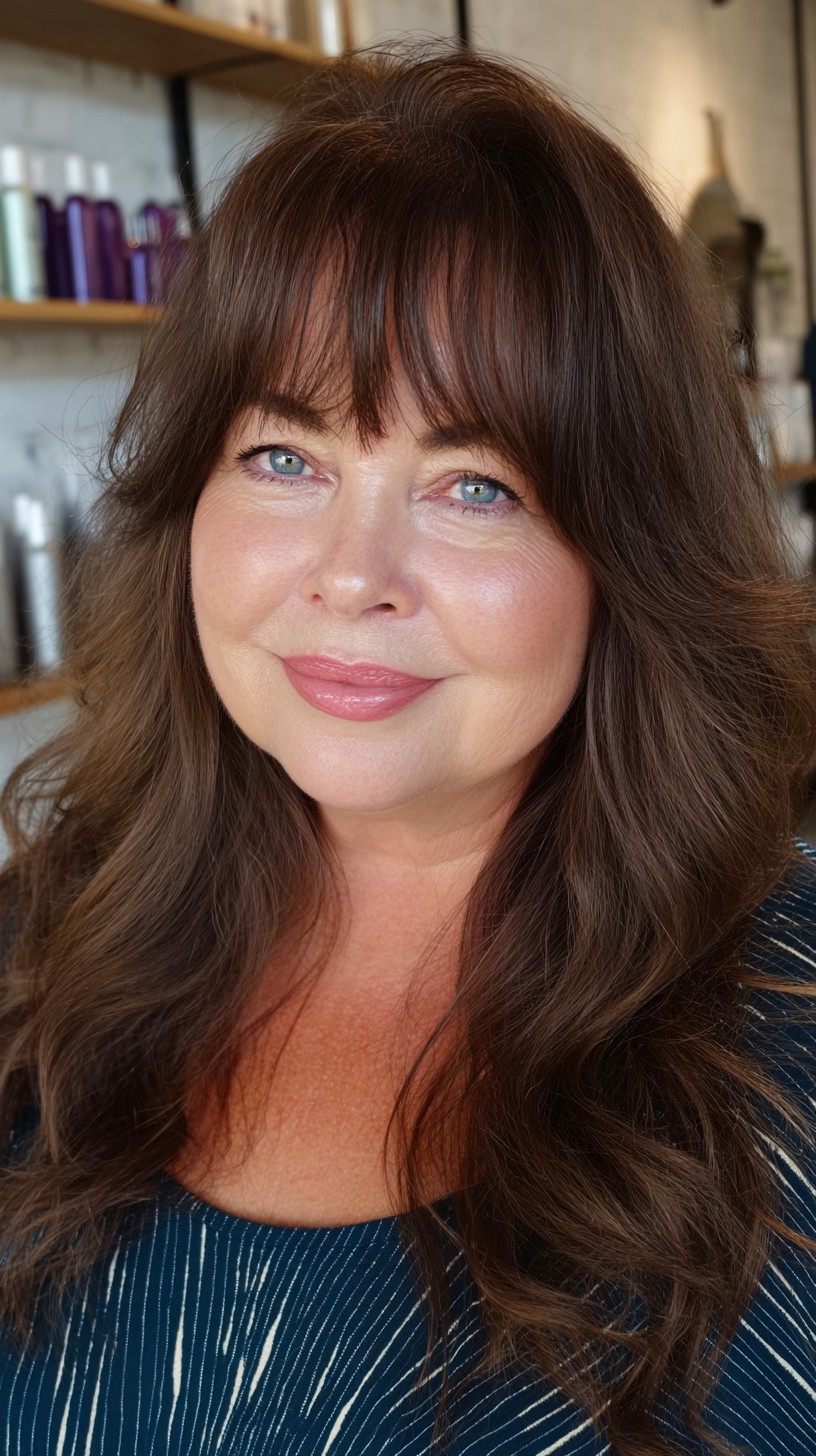 Long Chestnut Waves with Blunt-Textured Micro Fringe