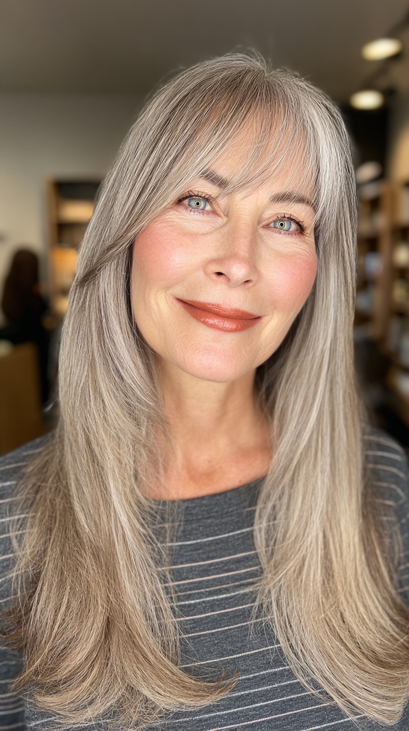 Long Silvery Layers with Brow-Grazing Wispy Fringe
