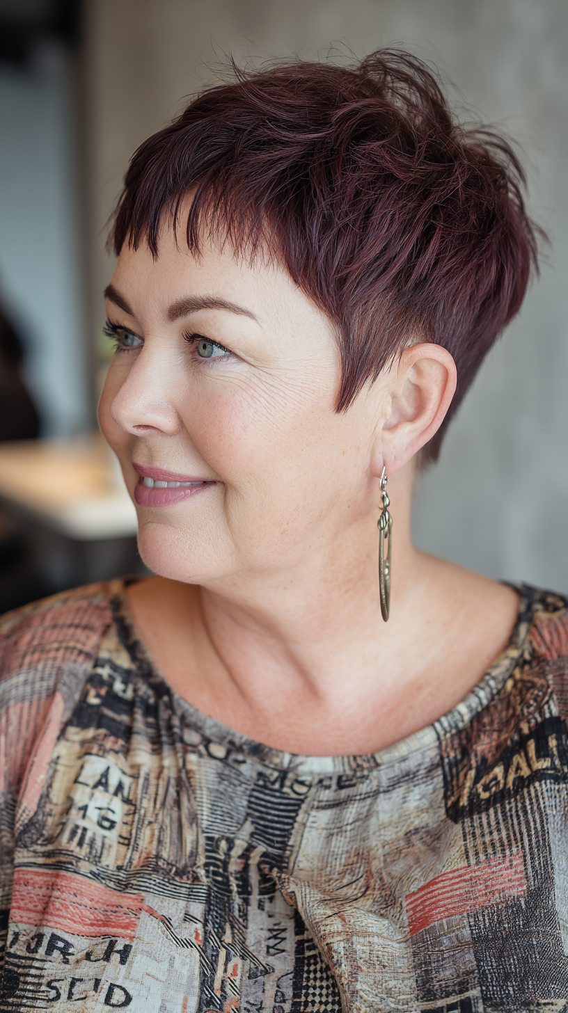 Modern Textured Pixie Cut with Rich Burgundy Highlights