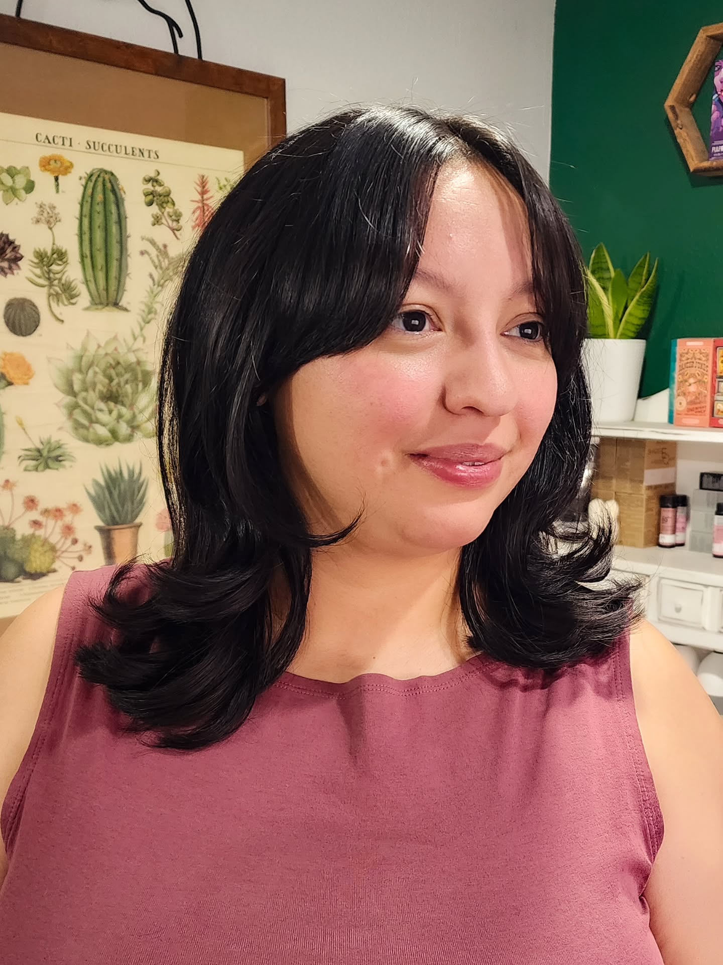 Shiny Black Mid-Length Layers with Soft Curtain Fringe and Under-Layer Flip