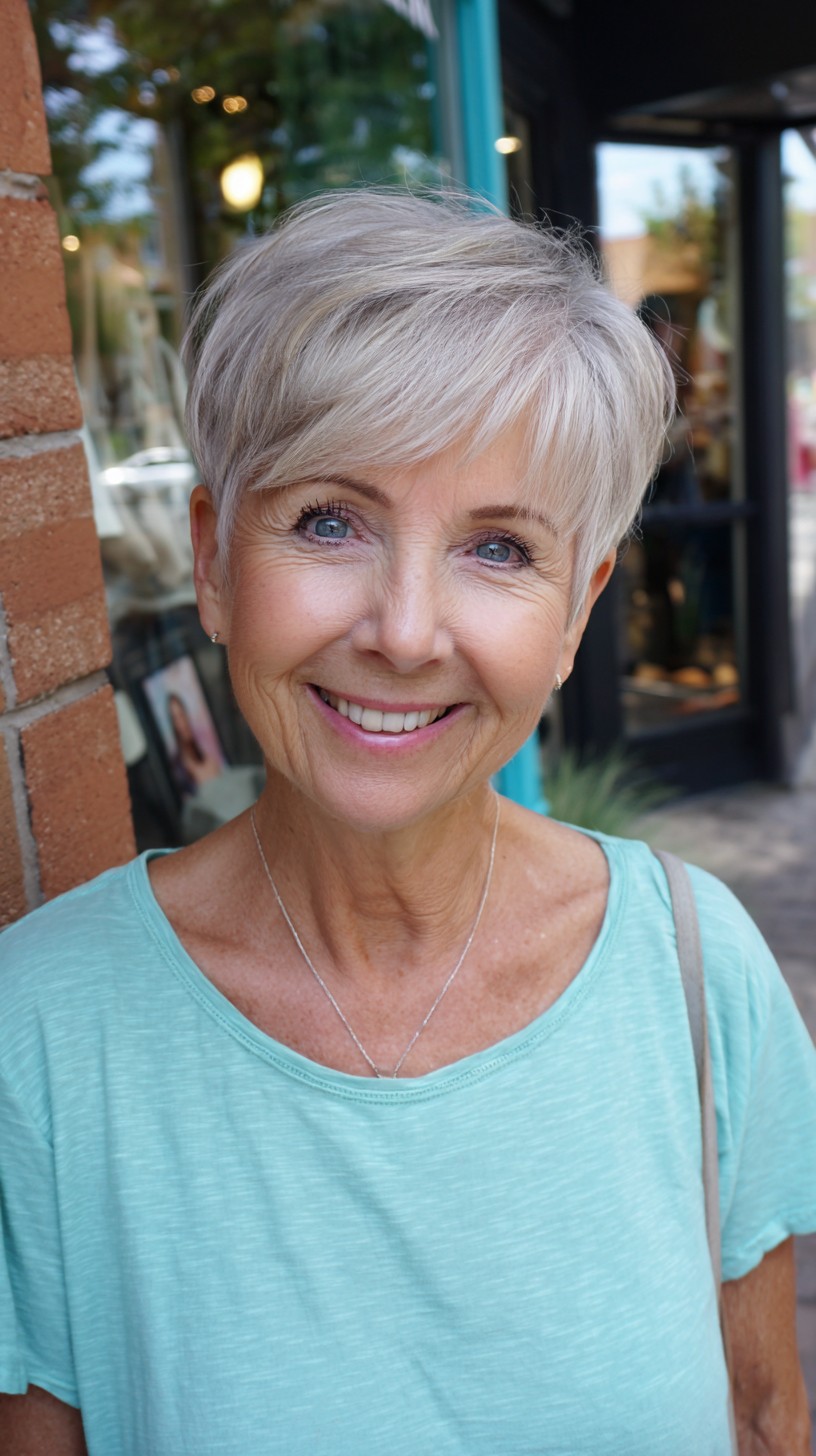 Short Silver Pixie with Side-Swept Fringe and Crown Lift