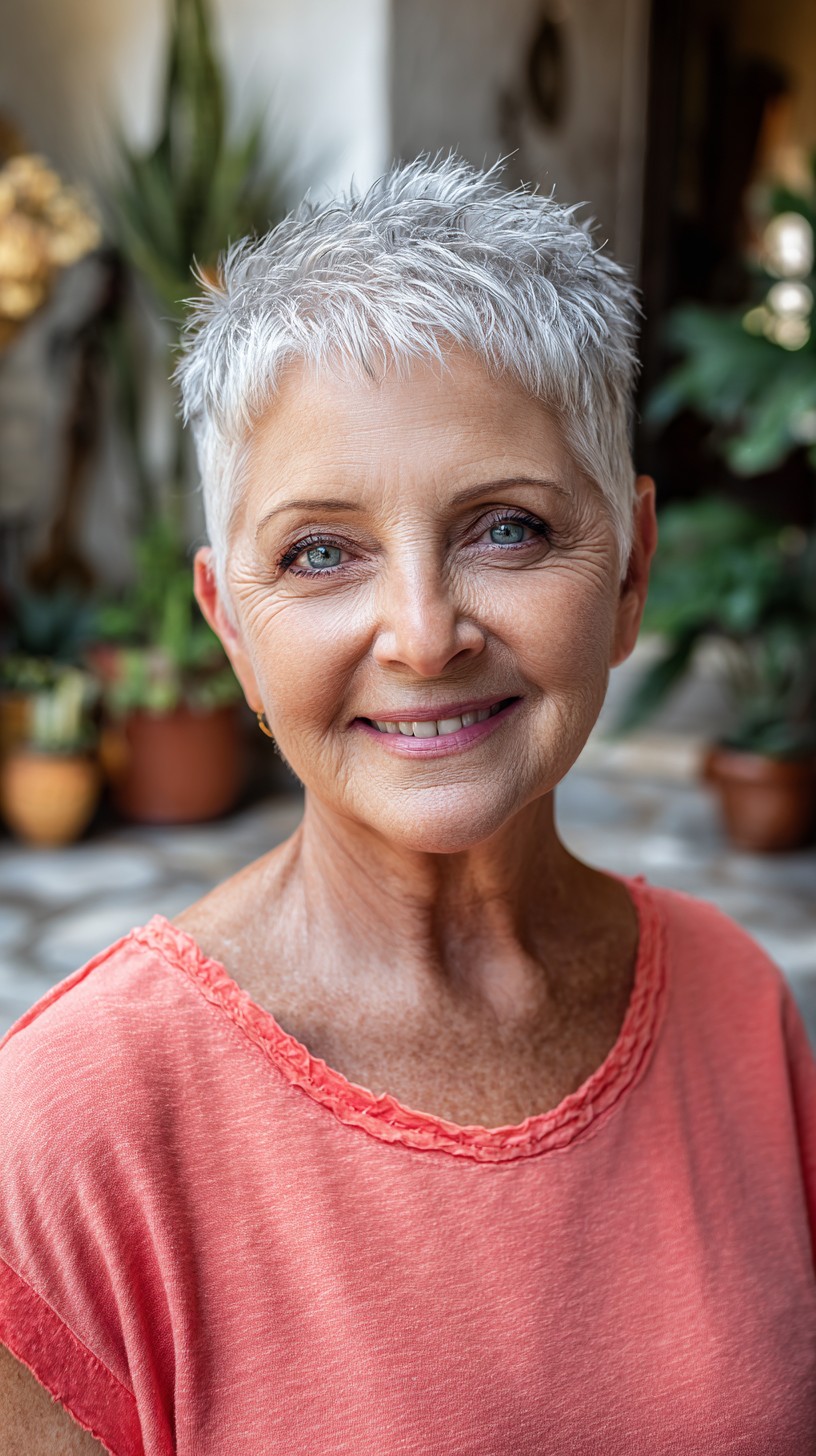 Short Spiky Silver Pixie with Textured Micro-Fringe