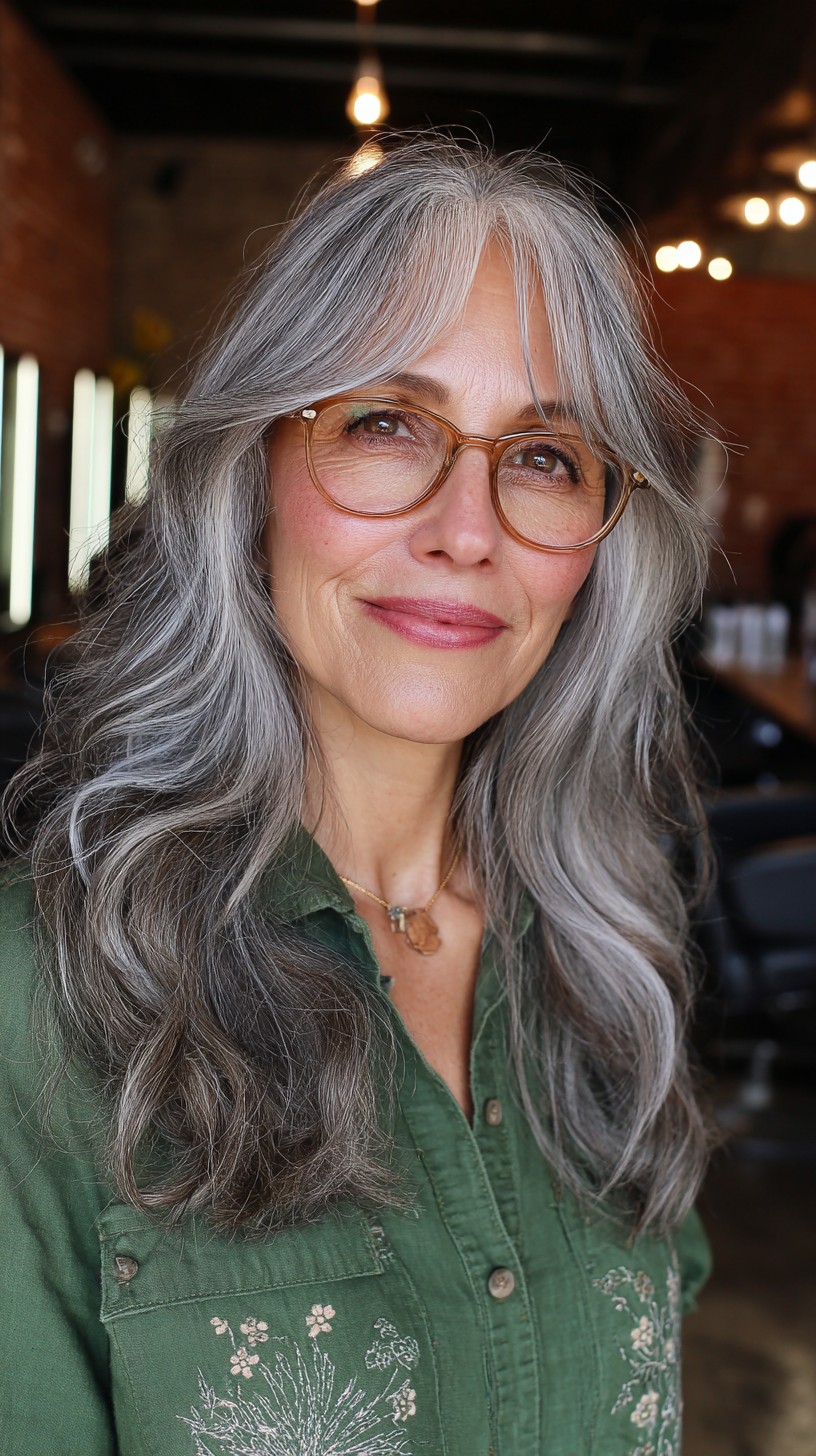 Silver Center-Parted Curtain Bangs with Long Layered Waves