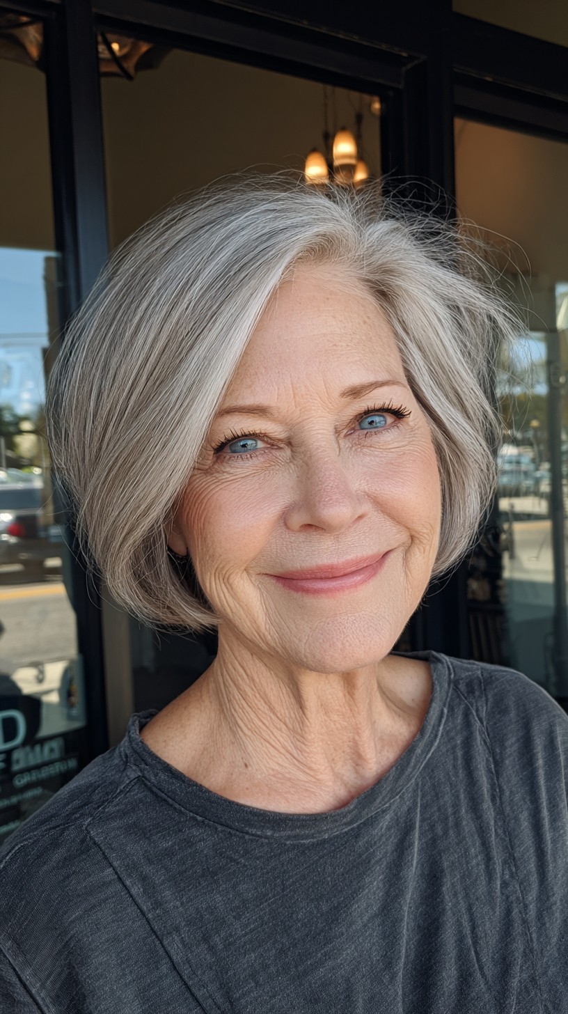 Silvery Layered Chin-Length Bob with Deep Side Part