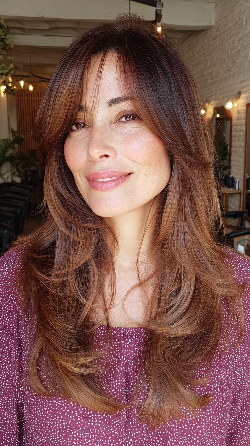 Soft Auburn Face-Framing Layers with Wispy Long Curtain Bangs