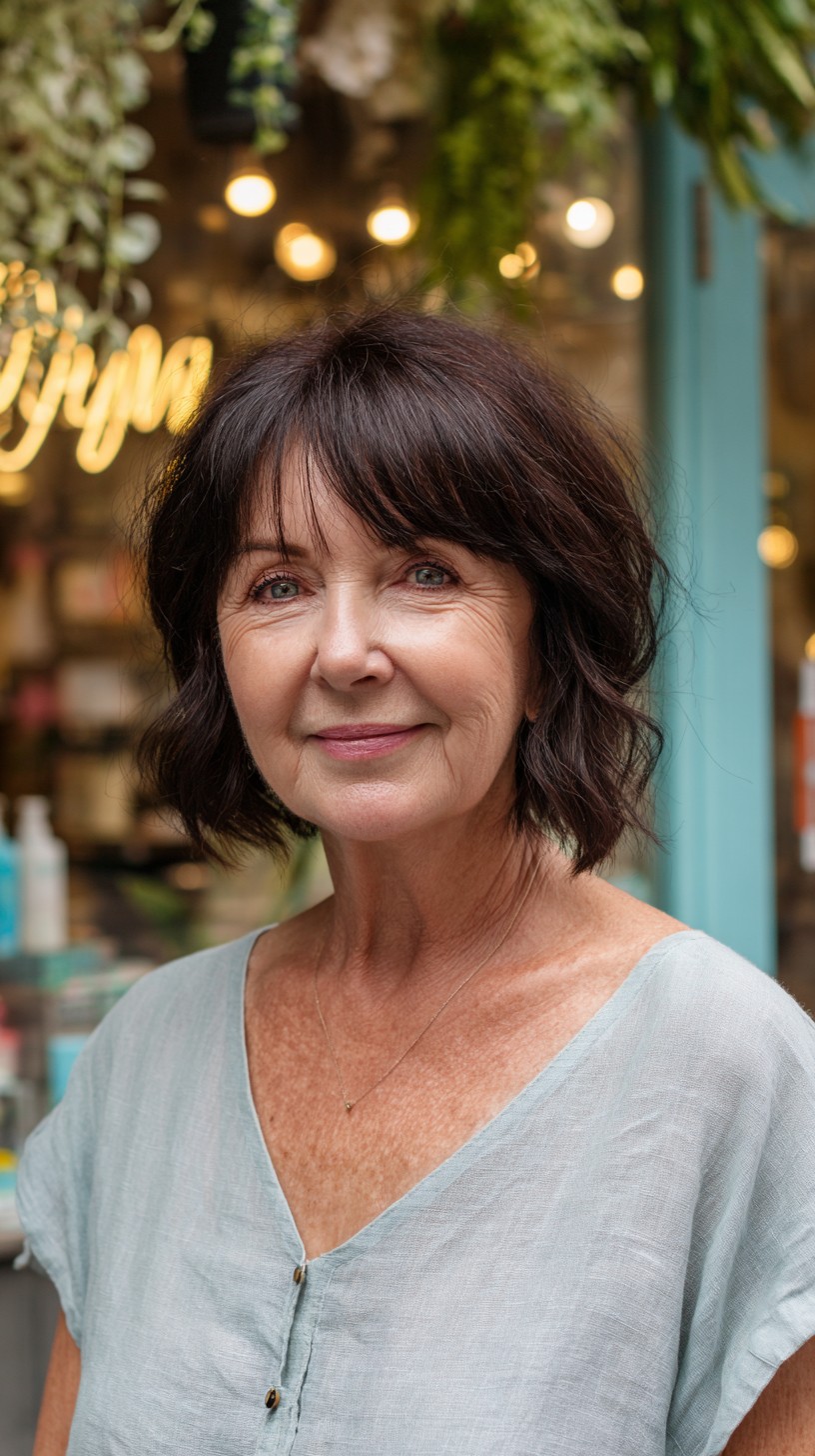 Soft Chestnut Tousled Chin-Length Bob with Wispy Fringe