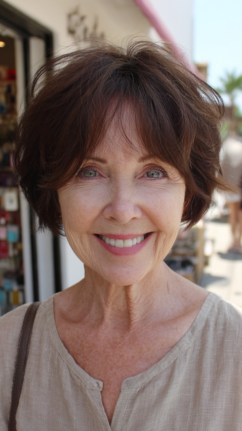 Soft Chocolate Layered Short Bob with Wispy Curtain Fringe
